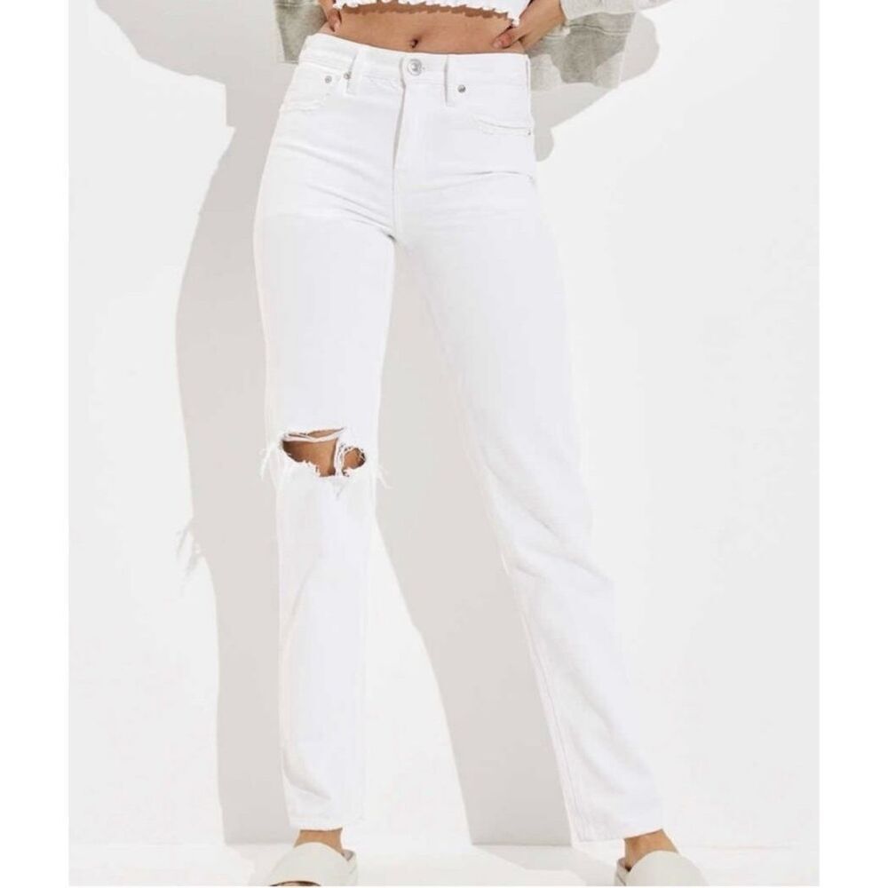 American Eagle ‘90s Straight Leg White Wash Jeans High Rise Ripped Size 00 Short